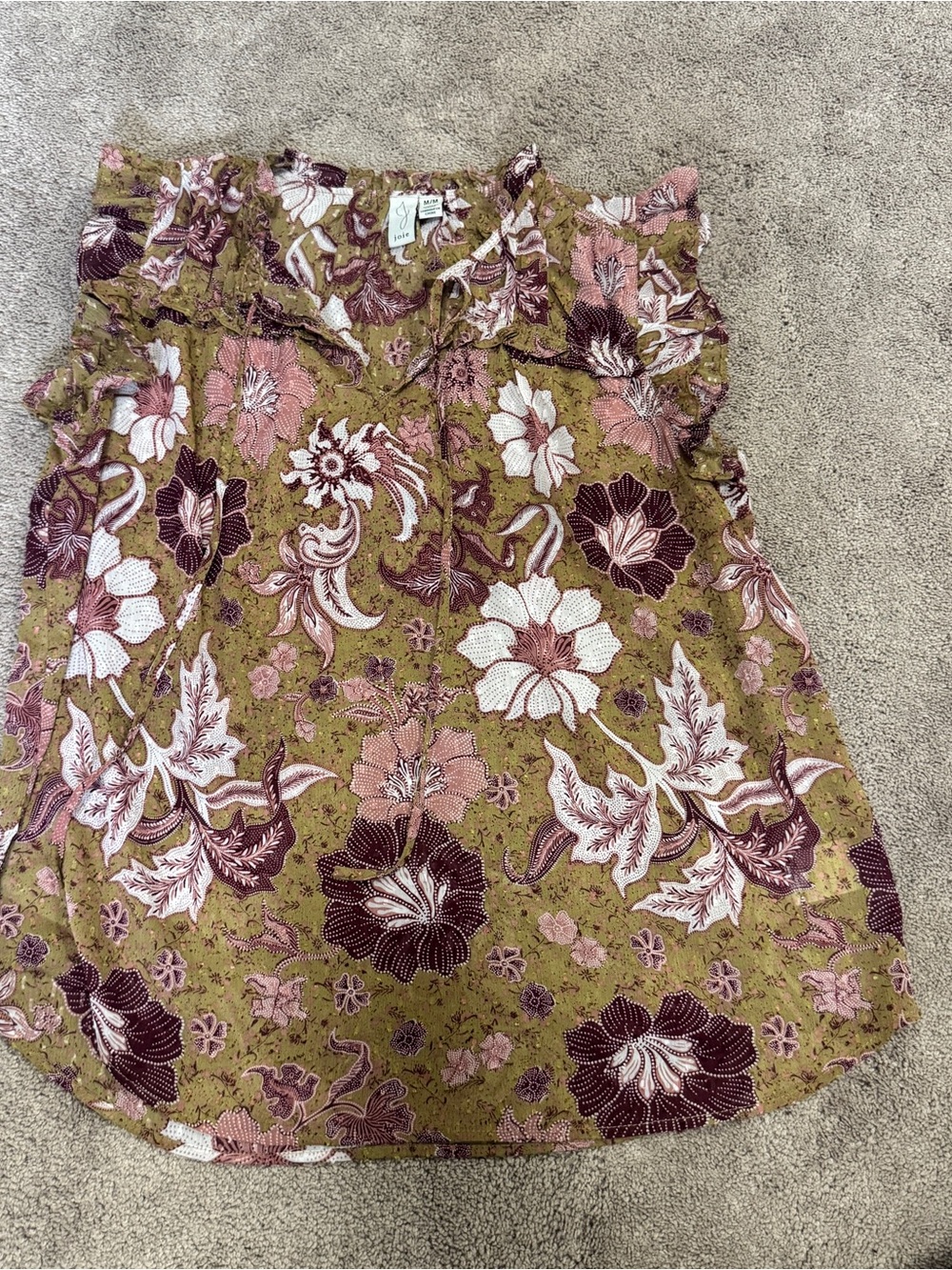 Joie Floral Ruffle Neck Blouse with Pink and Burgundy Motif